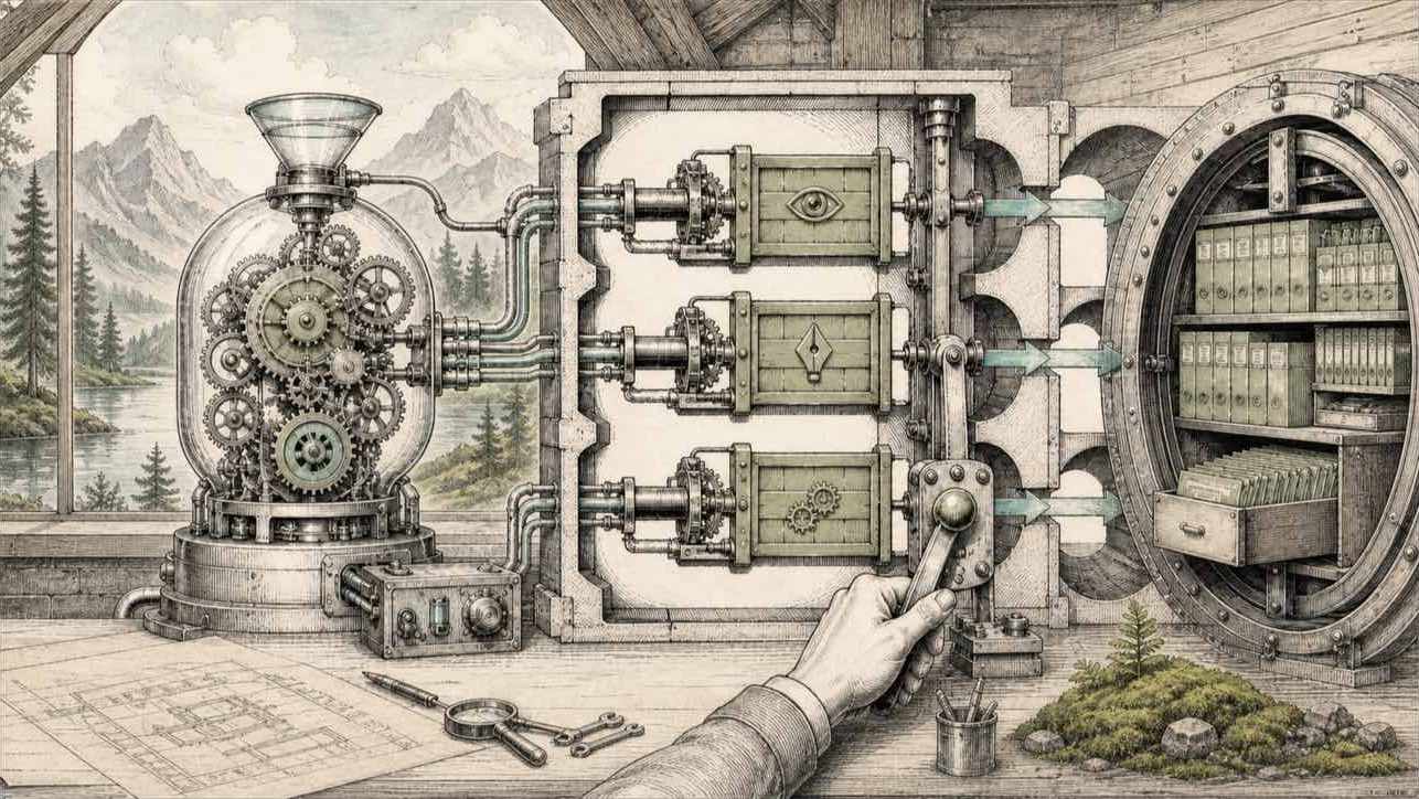 Gravure technique d'un agent mécanique relié à une chambre de contrôle à trois voies avant une chambre forte contenant des dossiers clients, une main humaine commande le levier final, devant un paysage de montagne