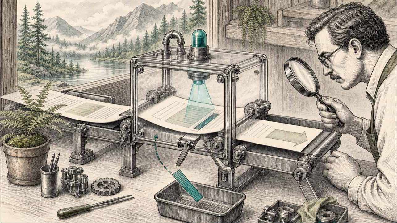 Gravure d'un document de support traversant une chambre d'inspection, où une bande suspecte est déviée vers un bac pendant qu'un humain observe, avec lac et montagnes en arrière-plan