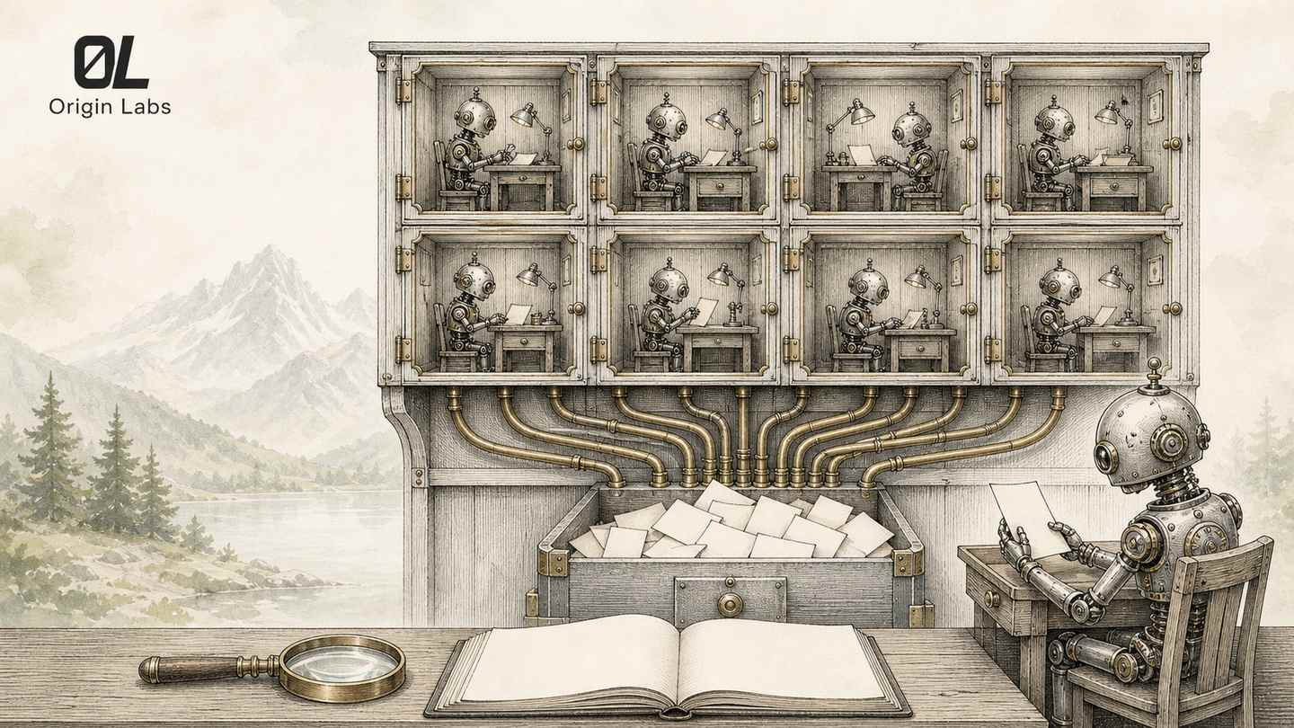 Gravure au trait d'un casier de cellules postales scellées, chacune abritant un petit automate qui travaille seul, avec des tubes pneumatiques en laiton qui convergent à leur insu vers une boîte cache partagée débordant de notes manuscrites, paysage de montagnes et de sapins à l'aquarelle en arrière-plan