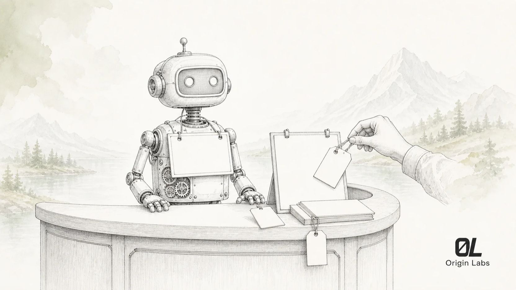 Gravure au trait d'un comptoir d'accueil où un automate conversationnel porte une étiquette visible, une main humaine accroche des mentions sur des documents, montagnes et lac en arrière-plan