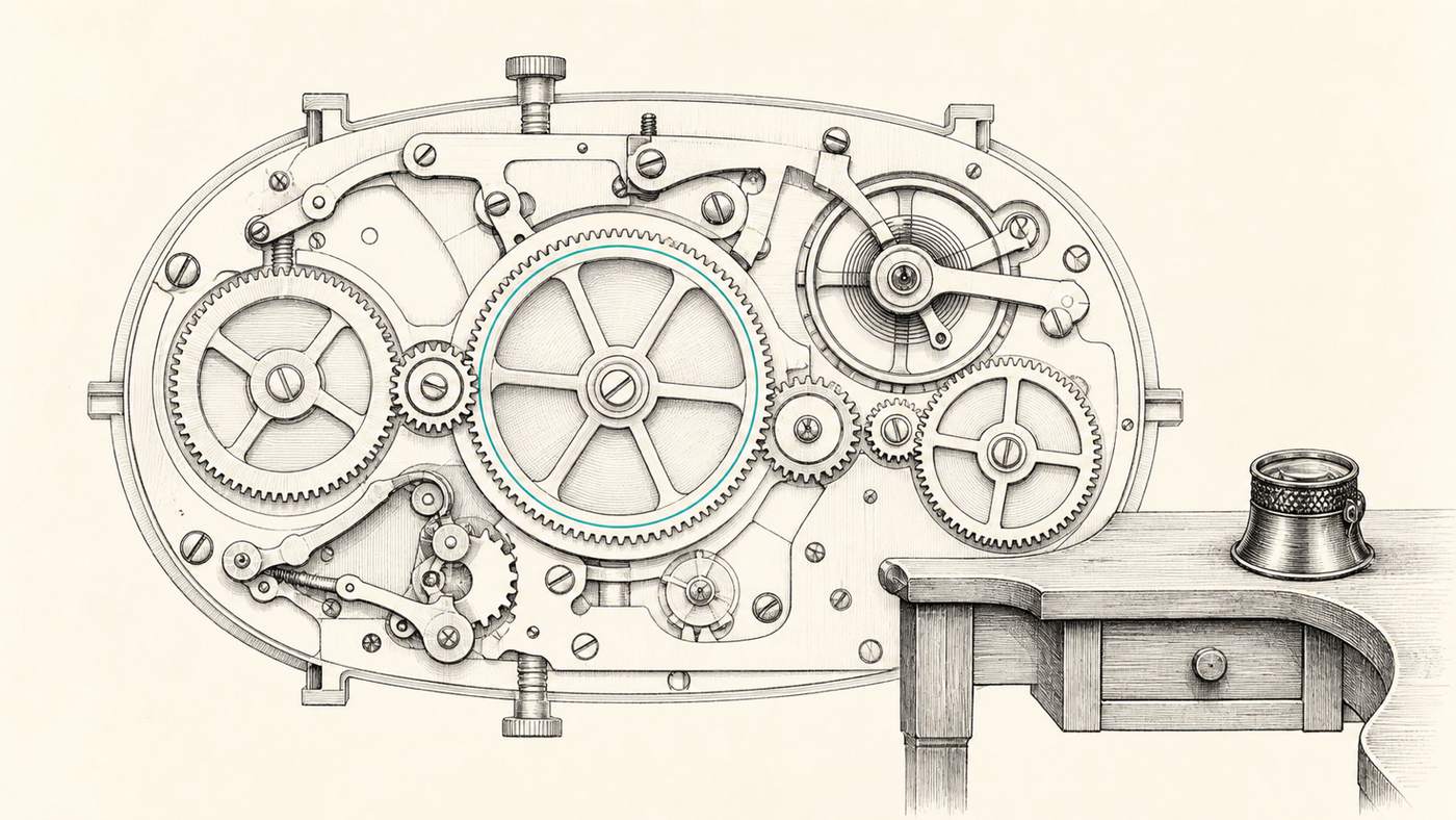 Coupe technique d'un mécanisme d'horlogerie où plusieurs rouages s'engrènent, illustration au trait d'encre
