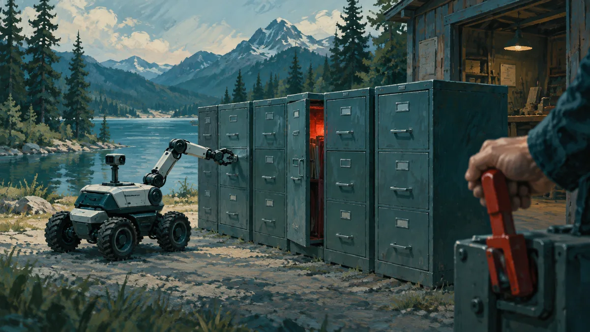 Devant l'atelier d'une PME au bord d'un lac de montagne, une petite machine autonome à roues teste les serrures d'une rangée d'armoires à dossiers ; l'une d'elles, entrouverte, luit en rouge pendant qu'une main humaine retient le levier de coupure