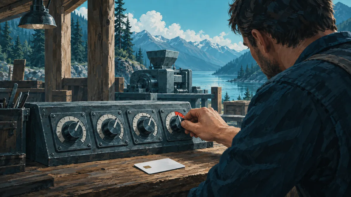 Une personne calibre quatre cadrans de contrôle sur un pupitre avant de laisser une machine utiliser une carte, peinture à l'huile aux dominantes bleu pétrole