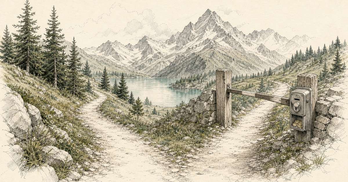 Sentier de montagne qui se scinde en deux, dessiné à l'encre et à l'aquarelle : d'un côté un chemin libre entre les sapins, de l'autre une barrière de péage à monnayeur, avec un lac et des sommets en arrière-plan