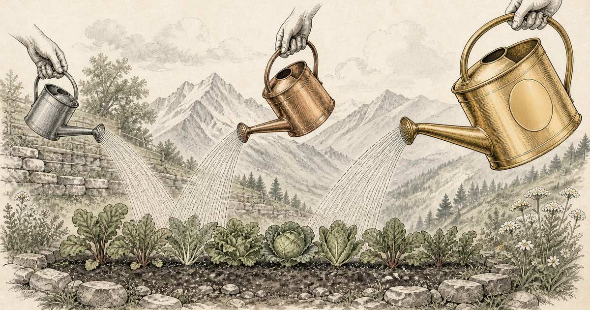 Potager en terrasse arrosé par trois arrosoirs de tailles croissantes, dessiné à l'encre et à l'aquarelle : un petit arrosoir d'étain, un moyen en cuivre et un grand doré, chacun arrosant le même rang de légumes devant un paysage alpin