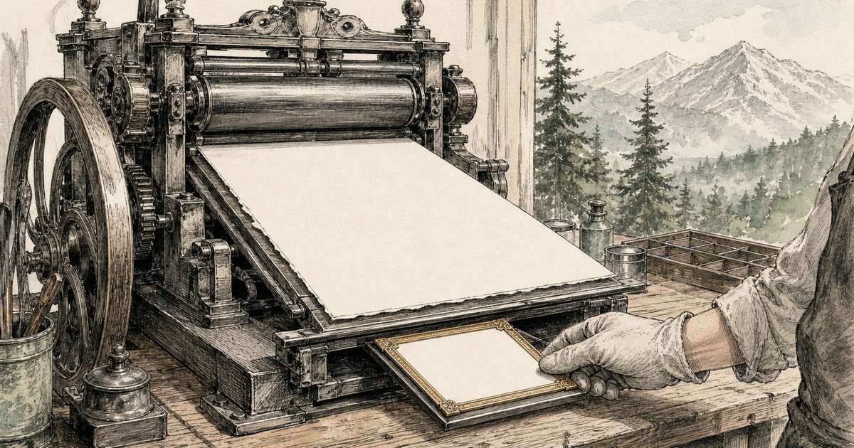 Presse typographique ancienne sur un établi, dessinée à l'encre et à l'aquarelle : une main gantée glisse une petite carte dorée dans un cadre séparé, juste sous la grande feuille imprimée, avec des sapins et des montagnes par la fenêtre