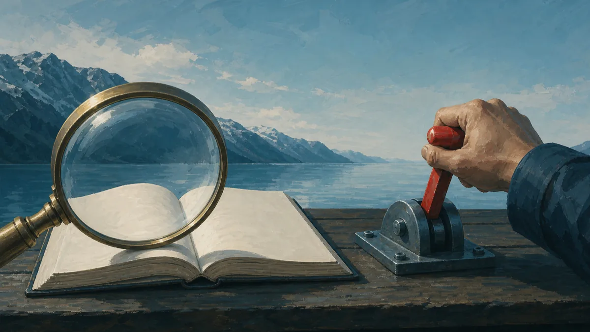 Peinture à l'huile : une loupe de douanier grossit un livre de registres ouvert sur un comptoir, une main humaine bascule un levier de contrôle rouge, fjord et montagne en arrière-plan