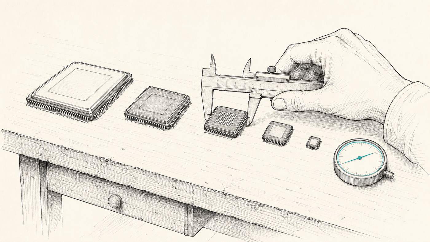 Un banc d'essai d'atelier : cinq puces de tailles différentes mesurées au pied à coulisse, illustration au trait