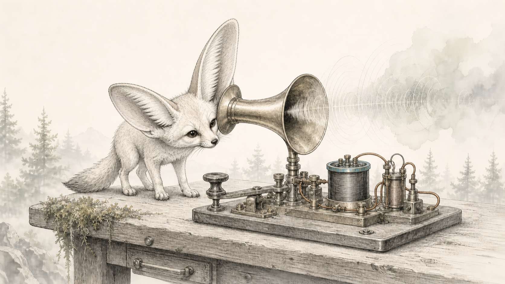 Fennec aux oreilles démesurées dessiné au crayon et à l'aquarelle, une oreille collée contre le pavillon en laiton d'un télégraphe d'atelier, des ondes fines se perdant dans la brume avec des sapins en fond : métaphore de la machine à rumeurs autour de Sonnet 5.5 et Fable 5.1