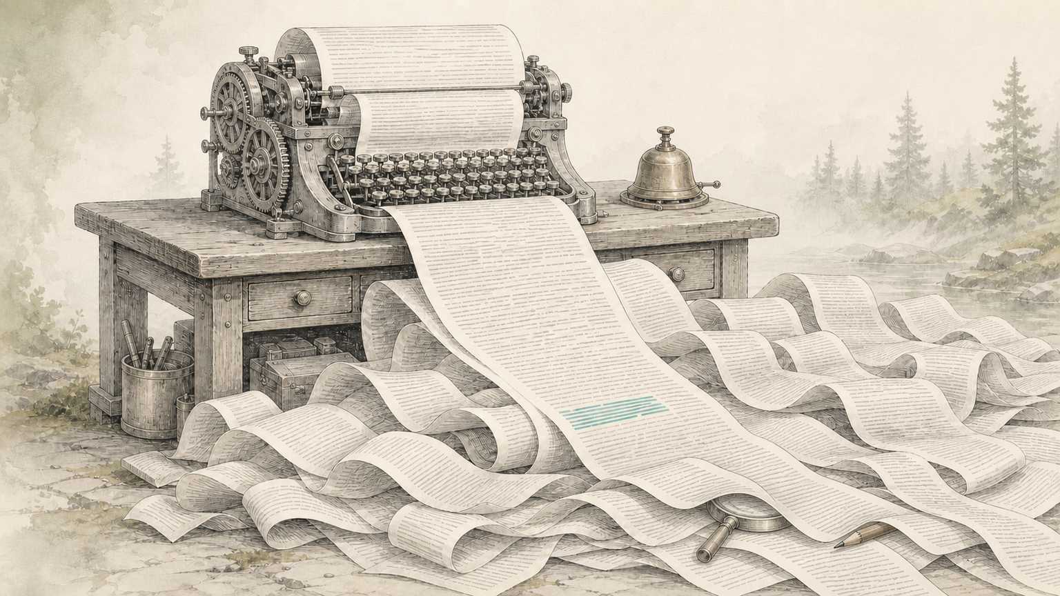 Téléimprimeuse d'atelier dessinée au crayon et à l'aquarelle, déroulant un ruban de papier interminable qui submerge l'établi et recouvre une loupe, un unique passage souligné de turquoise : métaphore de la verbosité qui noie la réponse utile sous le texte