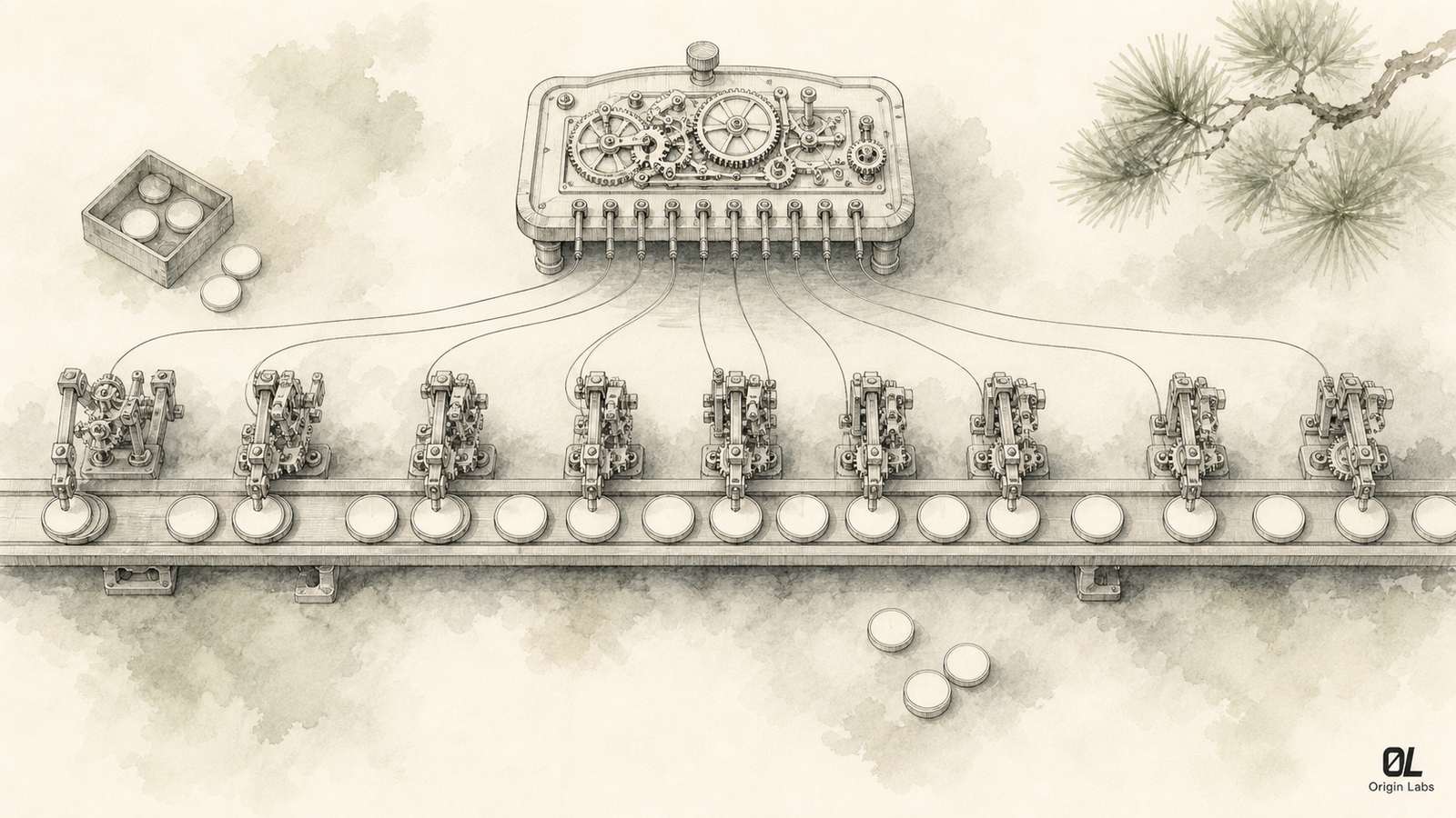 Planche au crayon et à l'aquarelle représentant un atelier mécanique de tri : un long rail central où des mécanismes d'horlogerie déposent des jetons, reliés par des fils fins à un pupitre d'orchestration en surplomb, dans une atmosphère brumeuse de carnet d'ingénieur