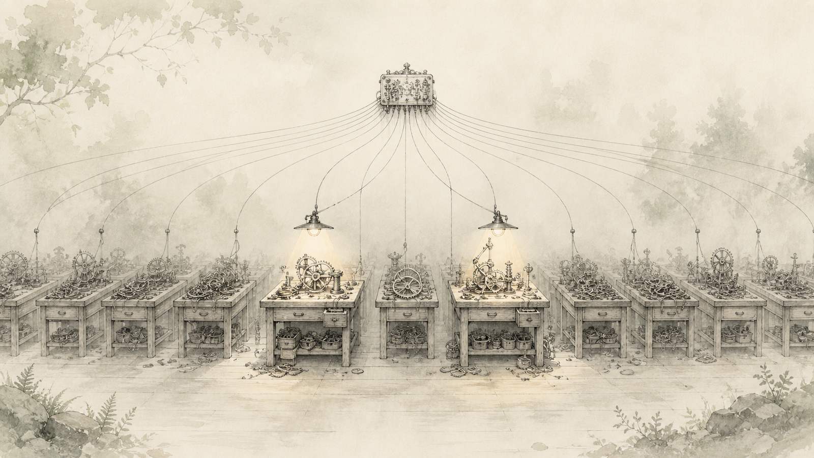 Dessin au crayon rehaussé d'aquarelle d'une rangée d'établis mécaniques dans un atelier brumeux : la plupart des établis portent des pièces rebutées entassées, deux établis seulement sont éclairés et actifs, reliés par des fils fins à un pupitre central