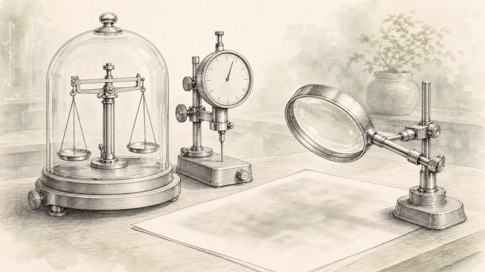 Planche naturaliste au crayon et à l'aquarelle d'instruments de contrôle posés sur un plan de travail : une balance de précision, un comparateur à cadran et une loupe inclinée au-dessus d'un feuillet de calculs, dans une lumière calme et brumeuse