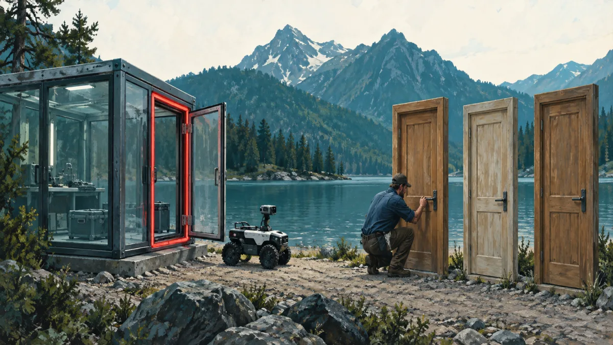 Au bord d'un lac de montagne, une petite machine d'inspection à roues est sortie d'une enceinte d'essai vitrée dont la porte ouverte luit en rouge ; à droite, trois portes en bois se dressent seules sur le rivage et un artisan vérifie la serrure de la première
