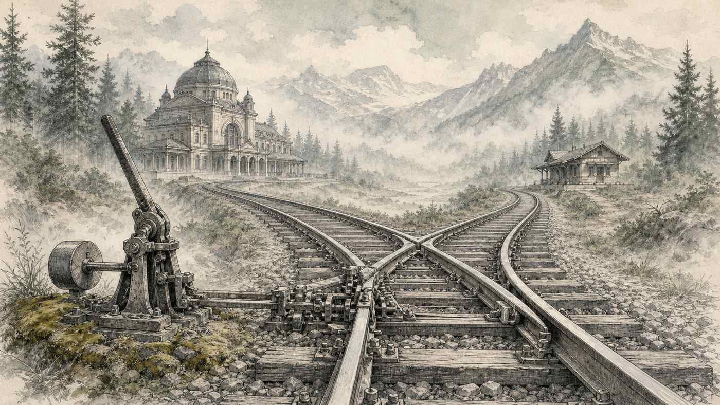 Aiguillage ferroviaire à la plume et à l'aquarelle : deux voies se séparent dans la brume, l'une vers une gare monumentale et lente, l'autre vers une petite halte rapide, sans texte