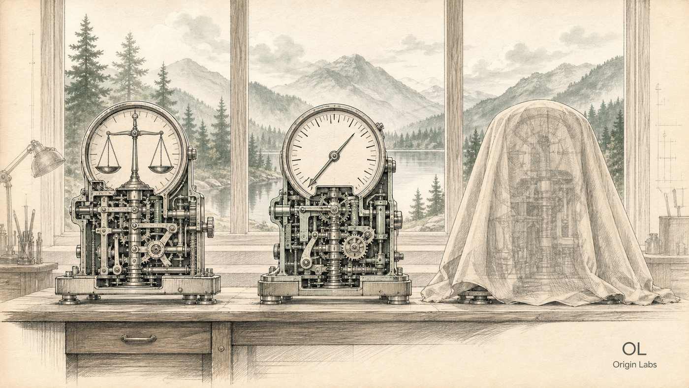 Planche d'atelier au crayon et à l'aquarelle : trois machines mécaniques alignées sur un établi, la première avec un cadran de jugement, la deuxième avec un tachymètre, la troisième encore sous une housse, sapins et lac dans la brume en arrière-plan, logotype Origin Labs