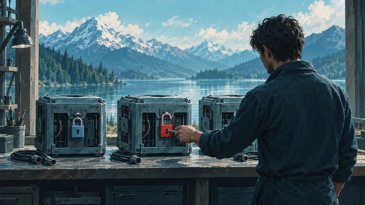 Une personne examine trois machines alignées sur un établi et n'ouvre qu'un seul des trois verrous, peinture à l'huile aux dominantes bleu pétrole