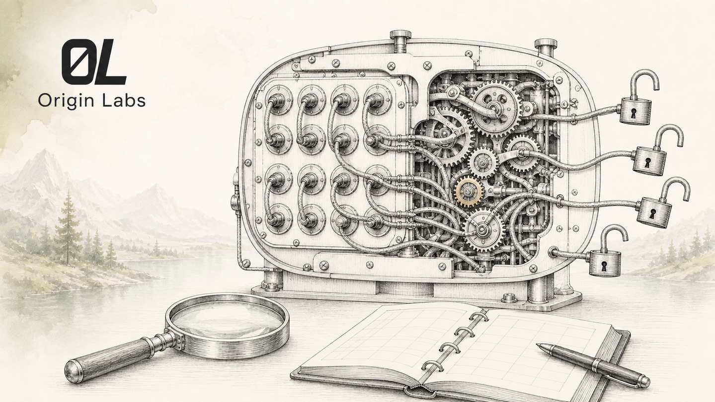 Gravure au trait d'un standard mécanique en coupe, câbles reliés à des cadenas ouverts, avec loupe et registre d'inventaire devant un paysage de montagne à l'aquarelle