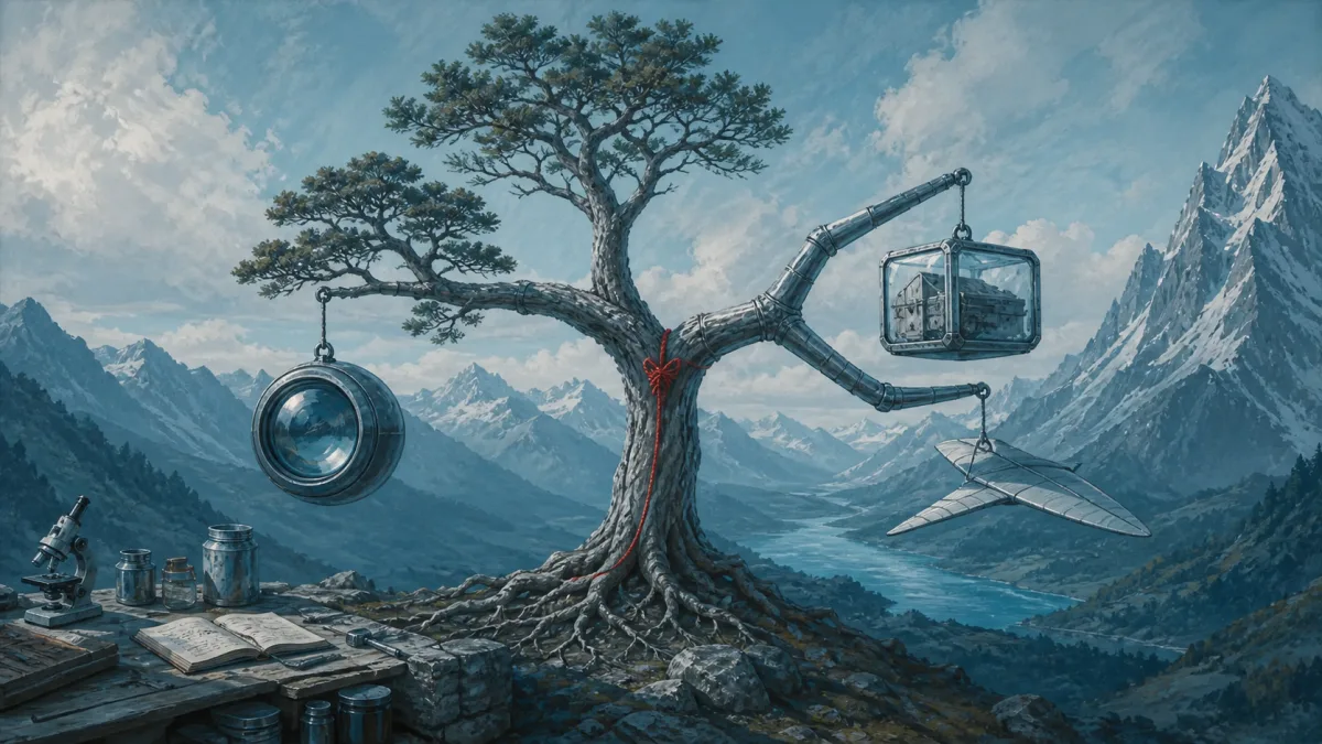 Arbre de taxonomie dont les branches portent trois mécanismes distincts reliés par un fil rouge aux affirmations sans source