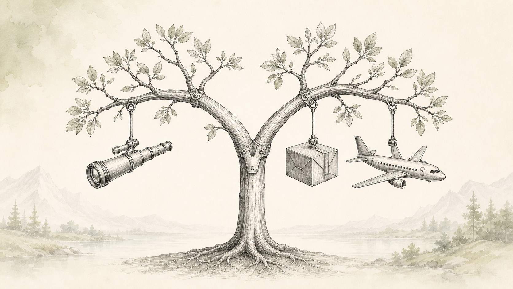 Arbre dessiné à la plume dont le tronc se divise en deux grandes branches, avec trois feuilles-marqueurs en forme de télescope, de paquet et d'avion, métaphore de la taxonomie des hallucinations et des trois cas documentés