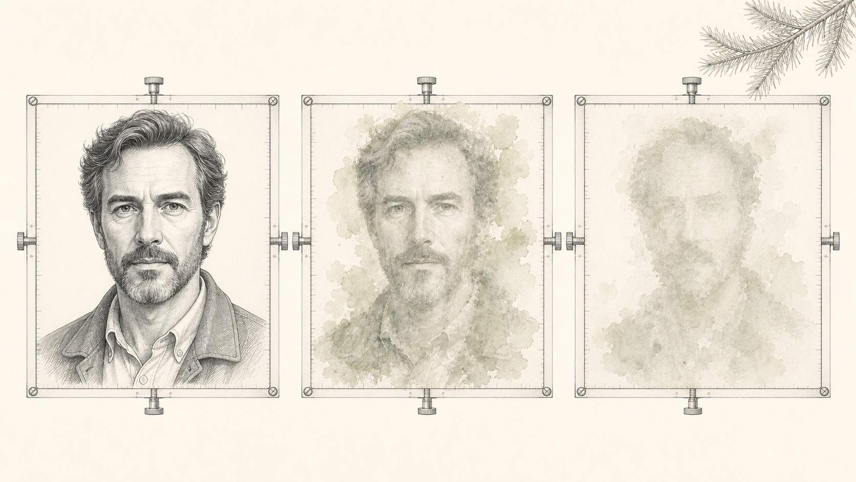 Le même portrait d'homme dessiné trois fois à l'encre, de plus en plus dégradé par la compression jusqu'à une tache floue, le cadre du premier portrait est turquoise, métaphore de la compression avec pertes des données d'entraînement