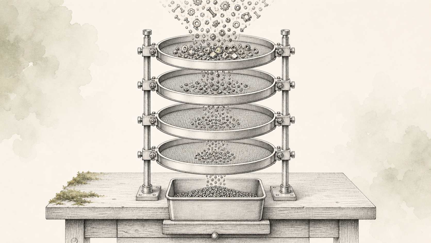Quatre tamis circulaires empilés dessinés à l'encre, un flux de petites pièces les traverse et arrive épuré dans un bac, l'anneau du tamis supérieur est turquoise, métaphore des quatre couches de garde-fous