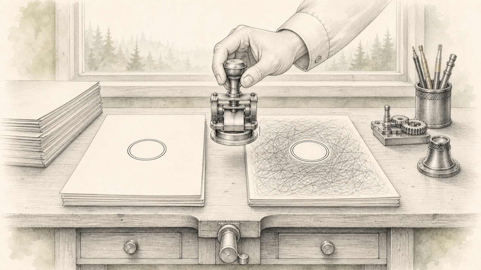 Main de correcteur tamponnant des copies sur un bureau dessinée à l'encre, deux piles de copies et un tampon turquoise, une copie vierge et une copie noircie reçoivent le même tampon, métaphore de la notation binaire qui récompense la tentative
