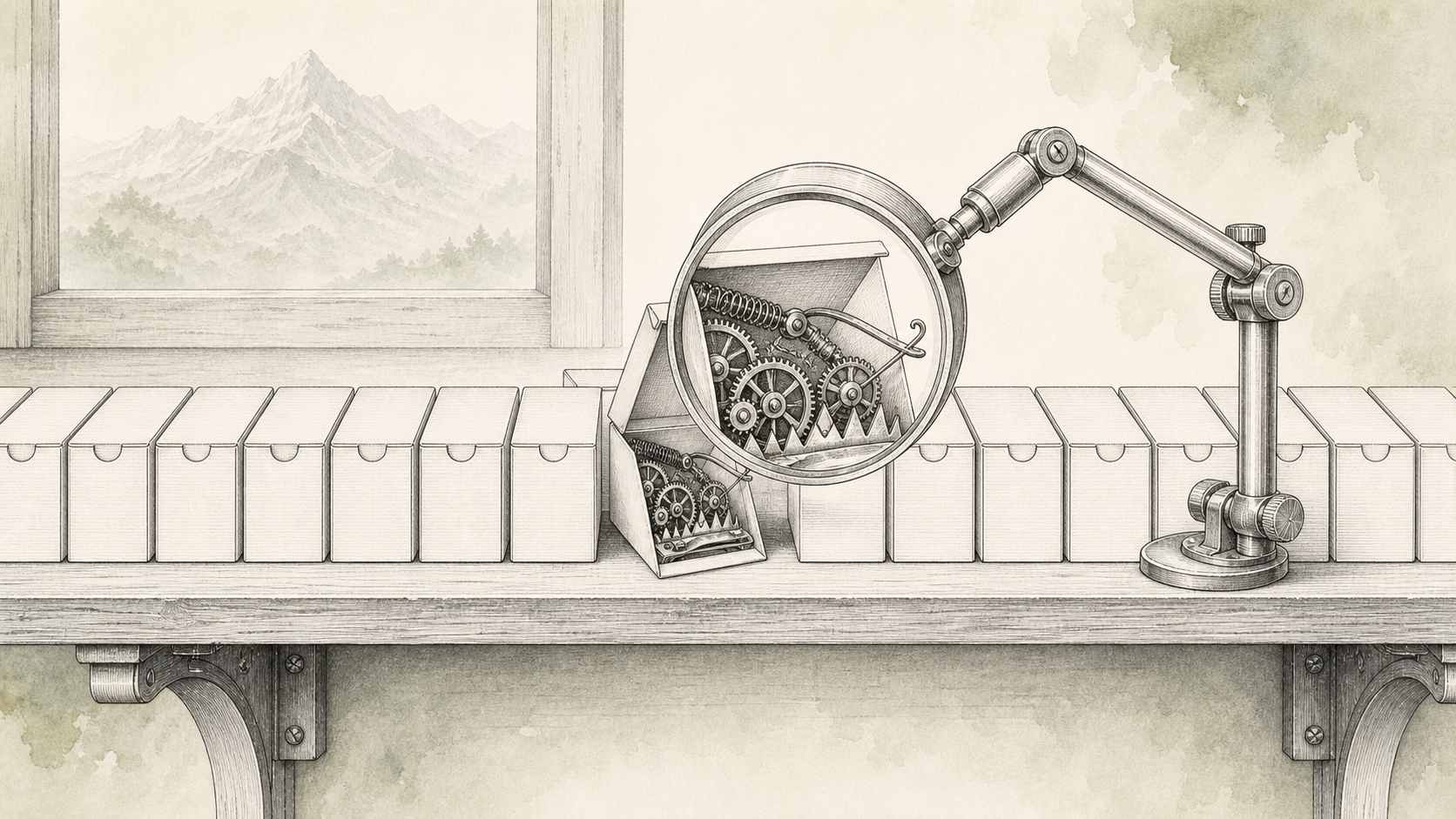 Étagère de petites boîtes de paquets dessinée à l'encre, l'une entrouverte laisse voir un engrenage-piège, une loupe d'horloger turquoise inspecte la rangée, métaphore du slopsquatting