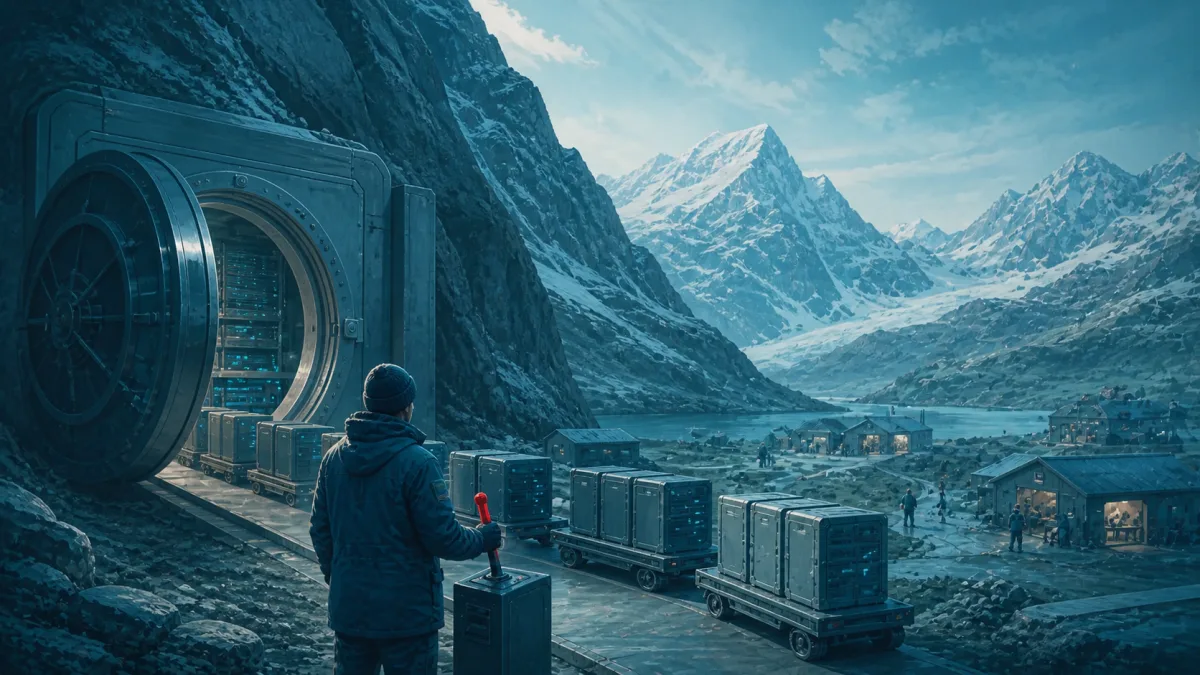 Des modules de calcul sortent d'une archive de montagne ouverte vers plusieurs petits ateliers sous contrôle d'un responsable