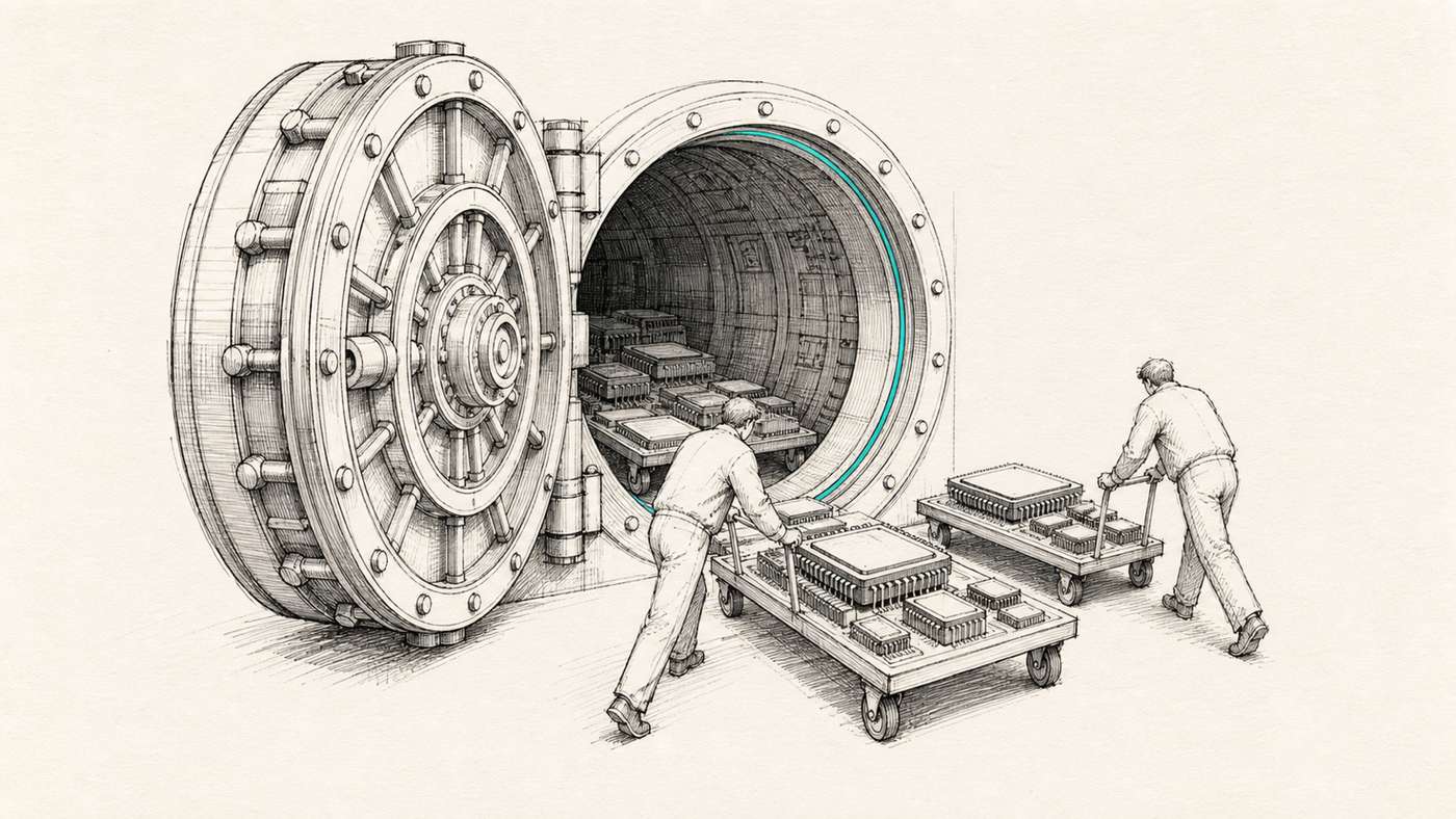 Une porte de coffre-fort grande ouverte d'où sortent des puces sur des chariots, illustration au trait d'encre
