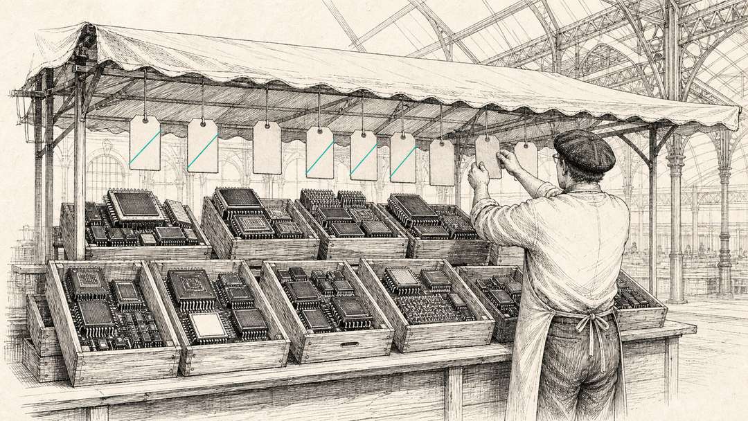 Un étal de marché aux puces électroniques, ses étiquettes de prix barrées, illustration au trait d'encre
