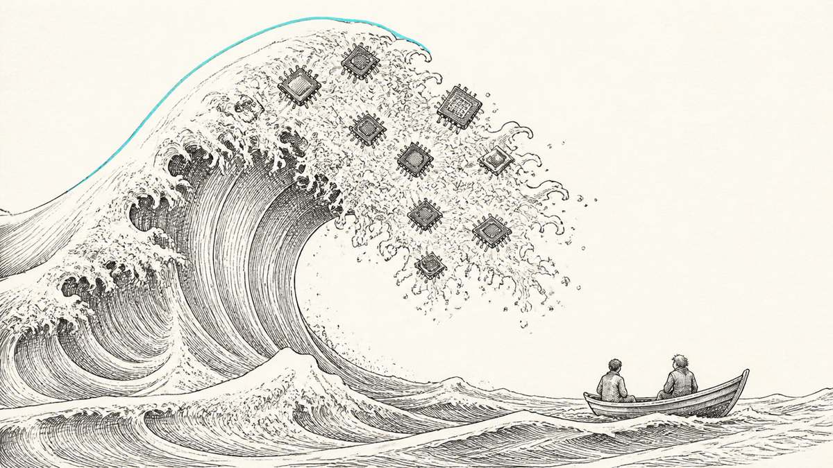 Une grande vague dessinée au trait d'encre portant des puces électroniques dans son écume, deux observateurs calmes dans une barque