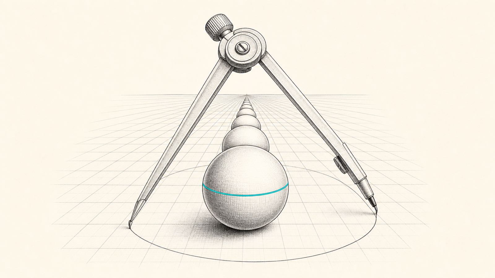 Compas de géomètre traçant un empilement de sphères à l'encre sur papier quadrillé, une sphère cerclée de turquoise : la géométrie en haute dimension, premier terrain des dix preuves d'Astra
