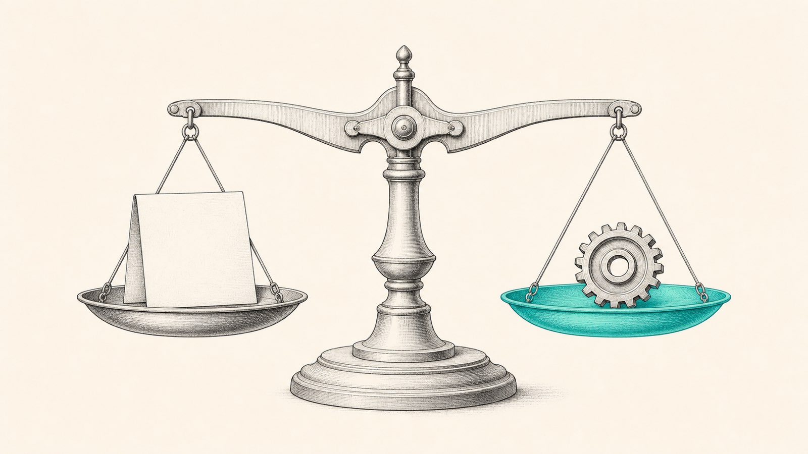Balance ancienne parfaitement équilibrée, une feuille de preuve sur un plateau et un engrenage sur l'autre : ce que le compilateur Lean vérifie mécaniquement