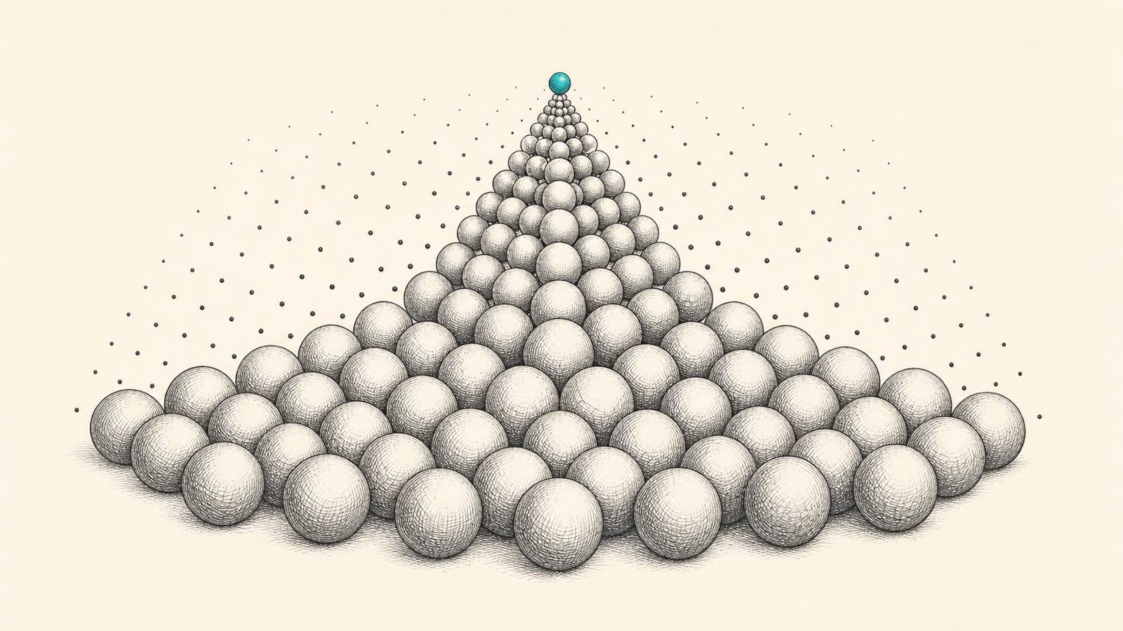 Empilement dense de sphères dessiné en hachures croisées, une grille de points qui s'estompe vers le haut pour suggérer la haute dimension, la sphère du sommet en turquoise