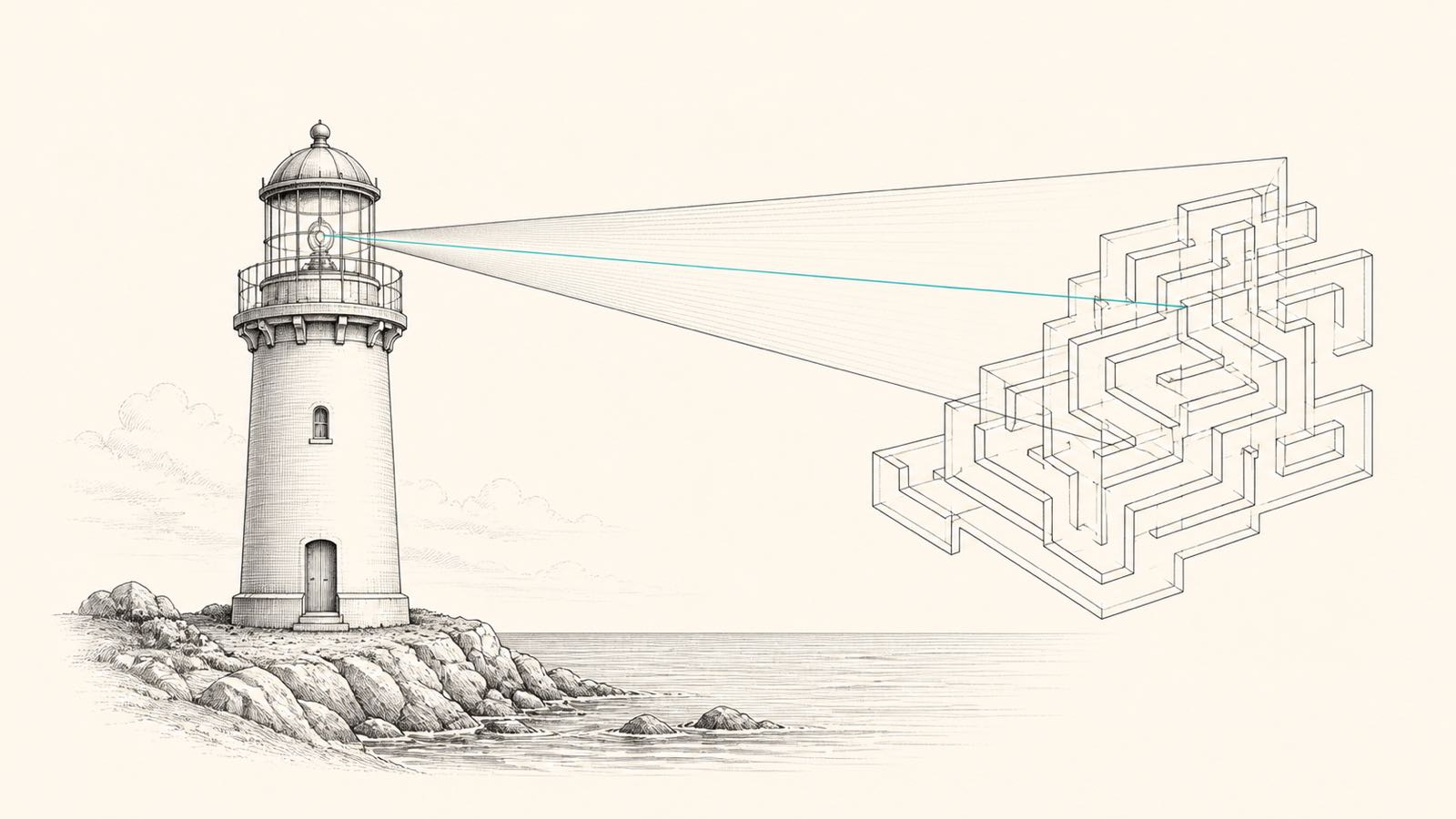 Phare de bord de mer dont le faisceau éclaire un labyrinthe de lignes géométriques, liseré turquoise : le vérificateur formel comme nouveau benchmark