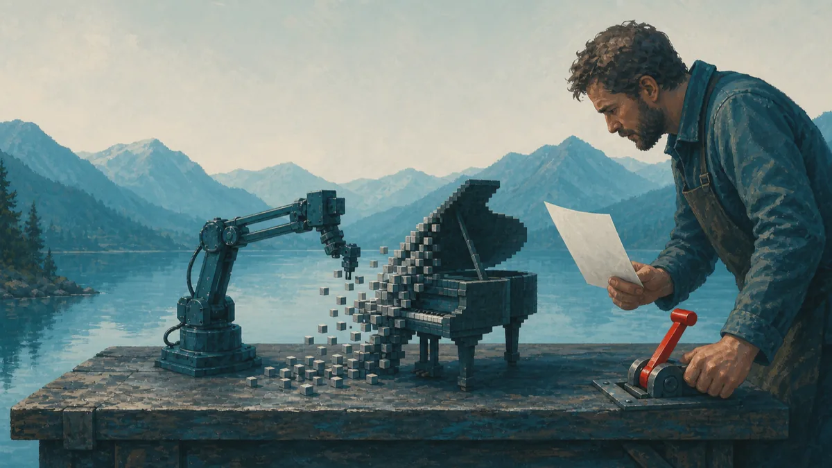 Peinture à l'huile : un bras robotisé assemble un piano à queue fait de blocs voxel sur un établi au bord d'un lac de montagne, un artisan penche sur l'ouvrage une feuille d'instructions à la main, l'autre main posée sur un levier d'inspection rouge