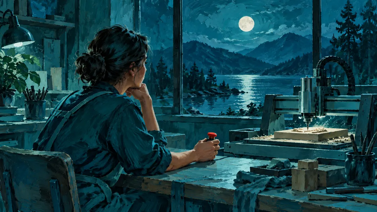 Dans un atelier nocturne, une personne supervise une machine de bureau et tient une commande rouge de pause.