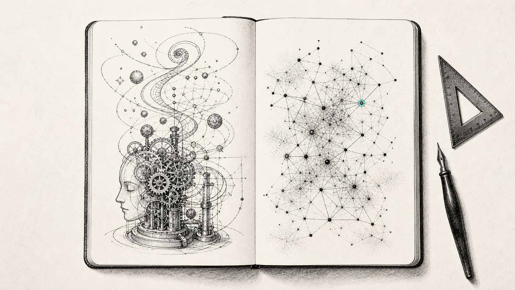Un carnet d'ingénieur ouvert sur une équerre et des croquis de machine à augmenter l'esprit humain, à l'encre noire avec une touche turquoise