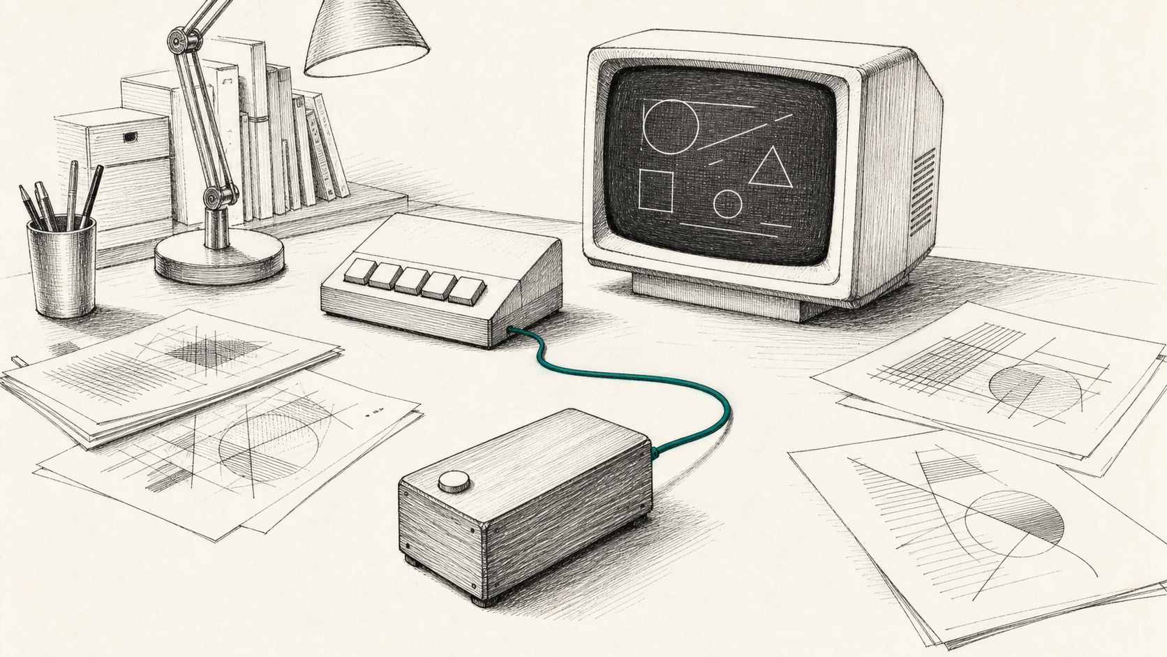 Un bureau des années 1960 avec une souris en bois, un écran à caractères et des notes manuscrites, dessiné à l'encre avec une touche turquoise