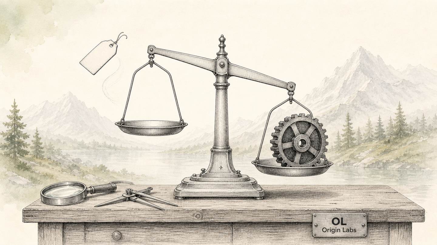 Gravure d'atelier au crayon et à l'aquarelle : une balance de roberval dont le plateau gauche porte une étiquette de prix allégée qui s'envole, tandis que le plateau droit porte un rouage de méthode bien ancré, montagnes et sapins dans la brume en arrière-plan, logotype Origin Labs