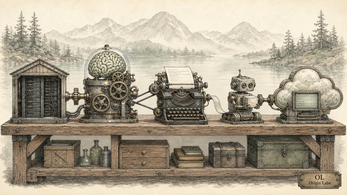 Planche d'atelier au crayon et à l'aquarelle : une chaîne de machines reliées par des engrenages, d'un hangar de serveurs à un bureau de développeur, sapins et lac dans la brume en arrière-plan, logotype Origin Labs