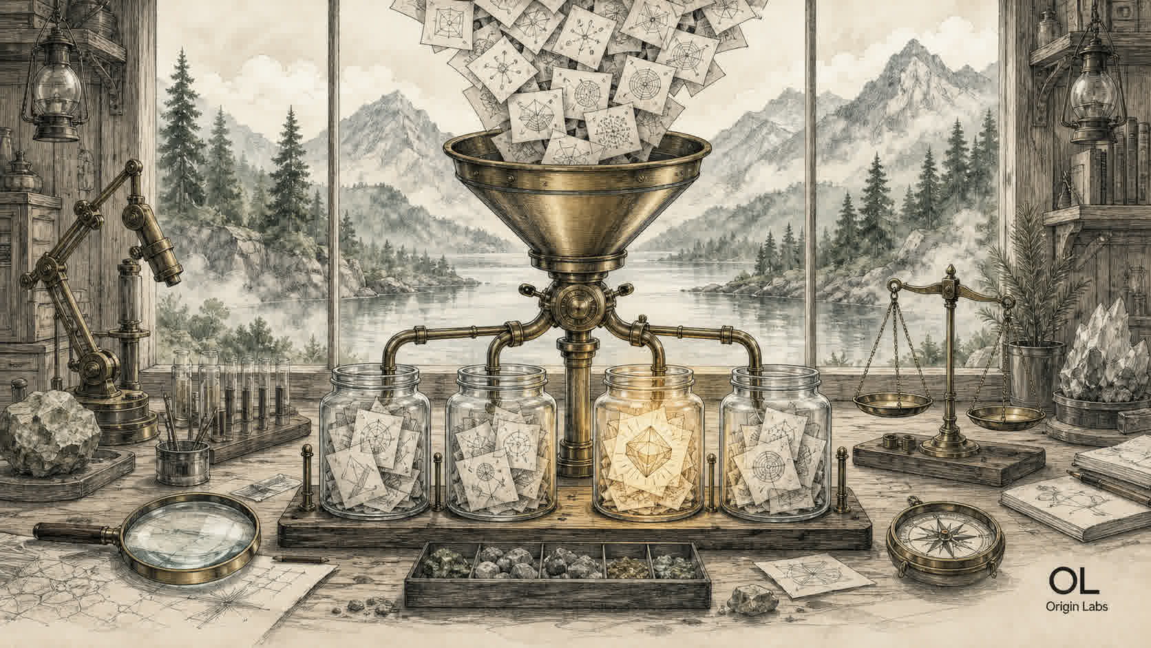 Planche d'atelier à l'encre et aquarelle : un entonnoir d'idées au-dessus d'un établi, des croquis de machines triés en piles, montagnes et sapins en arrière-plan