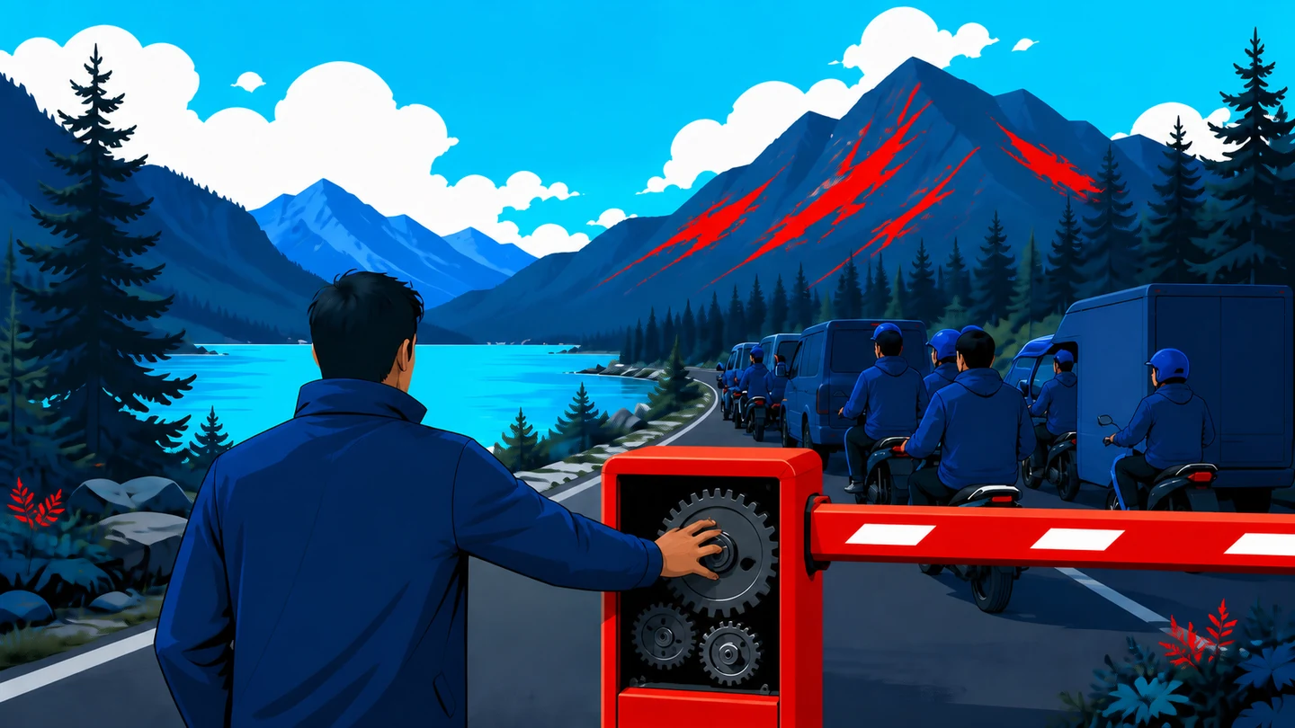 Peinture à l'huile : une barrière de péage automatique rouge fermée sur une route de montagne, une file de silhouettes de travailleurs arrêtés devant, un homme en veste bleu pétrole qui lève la main vers le mécanisme pour le reprendre en main, lac et sapins dans la brume