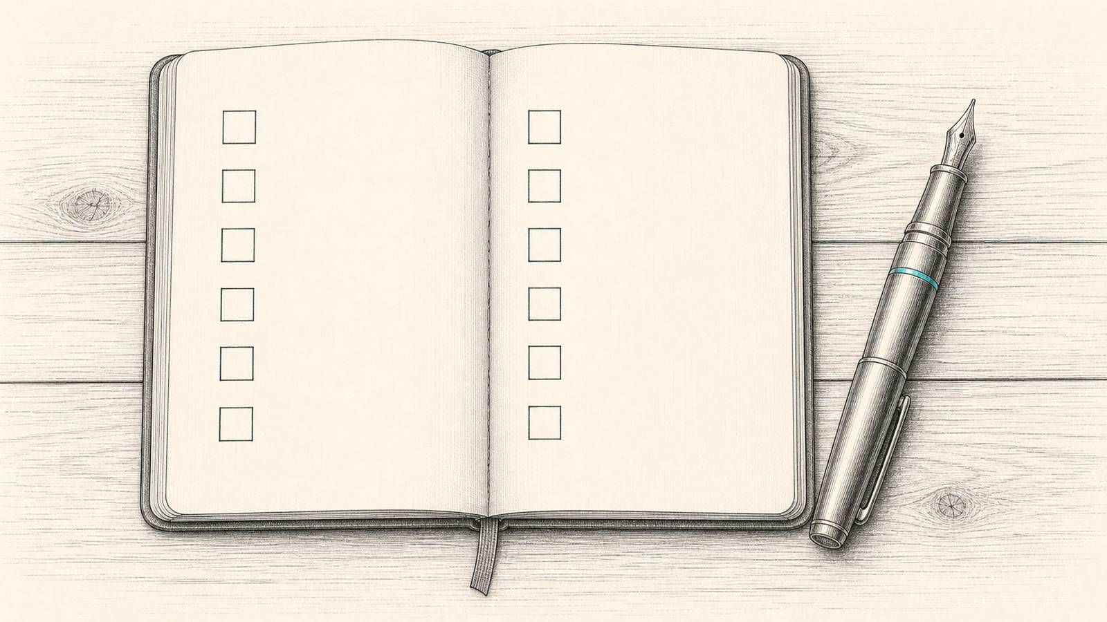 Une liste de contrôle dessinée à l'encre sur un carnet, avec des cases vides et un stylo-plume posé à côté