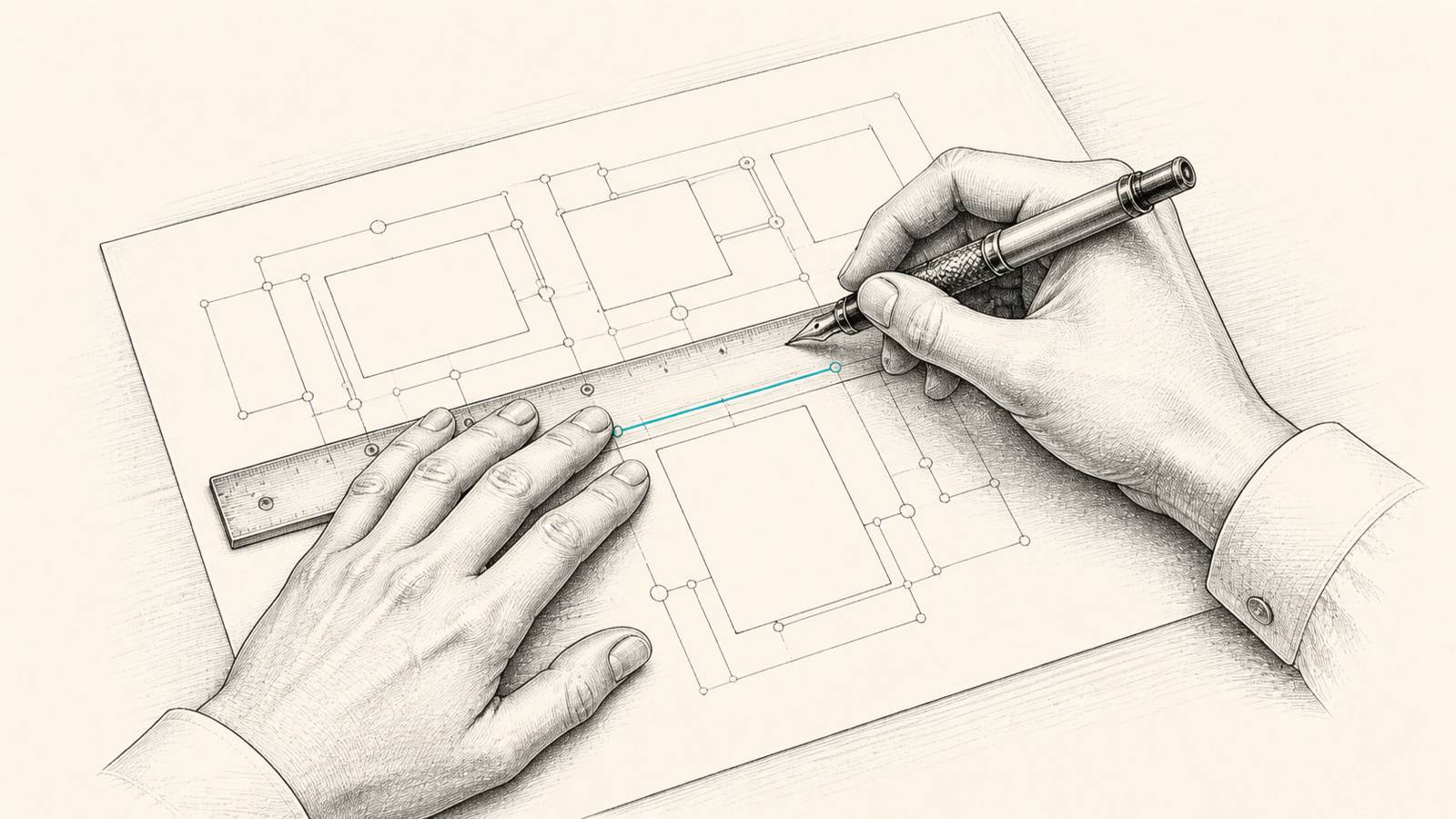 Une main qui dessine les plans d'une application à l'encre, pendant qu'une seconde main tient une règle : le vibe coding vu comme une construction dirigée
