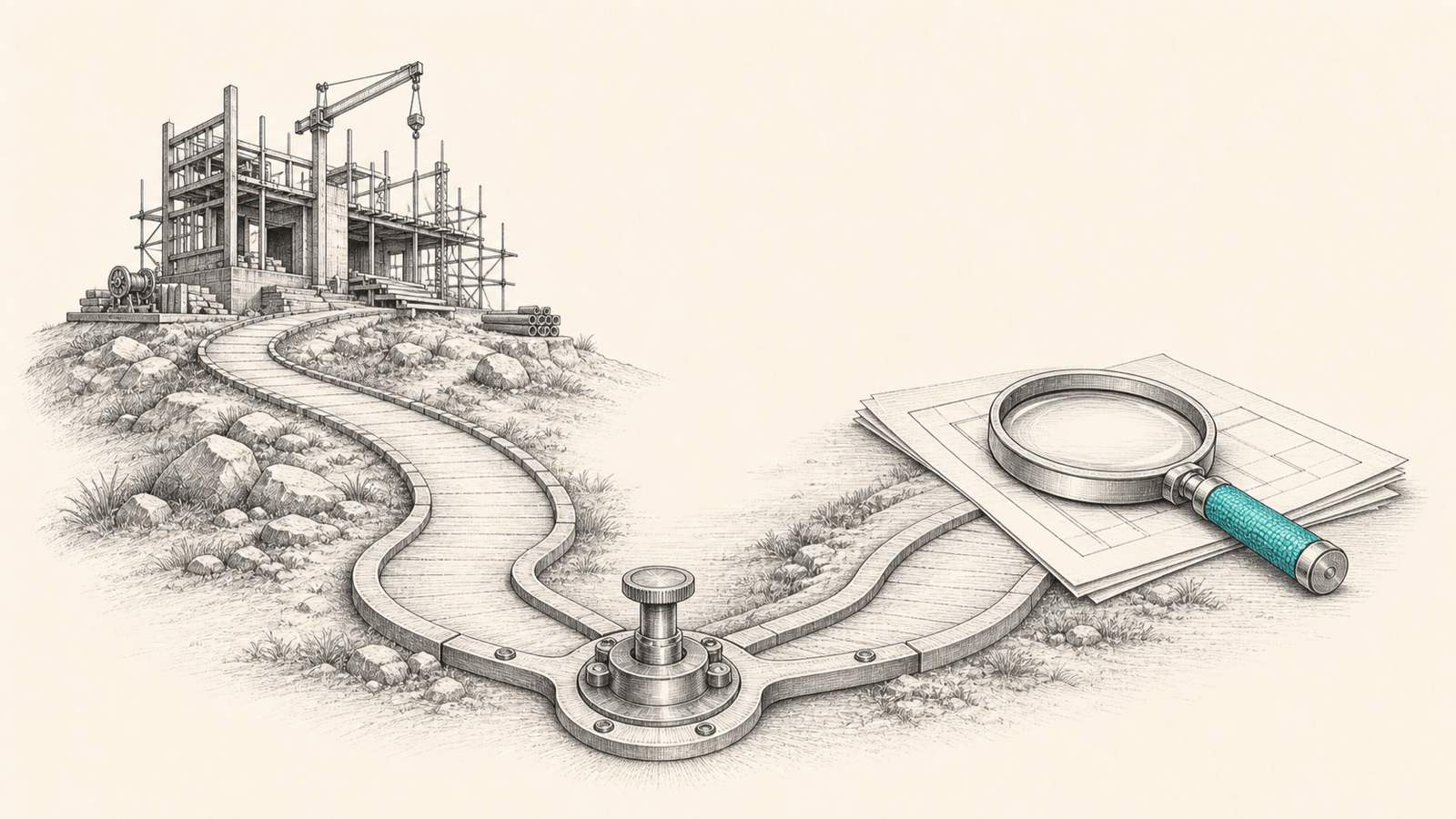 Deux chemins qui divergent à l'encre : l'un monte vers un chantier de construction, l'autre vers une loupe posée sur des plans