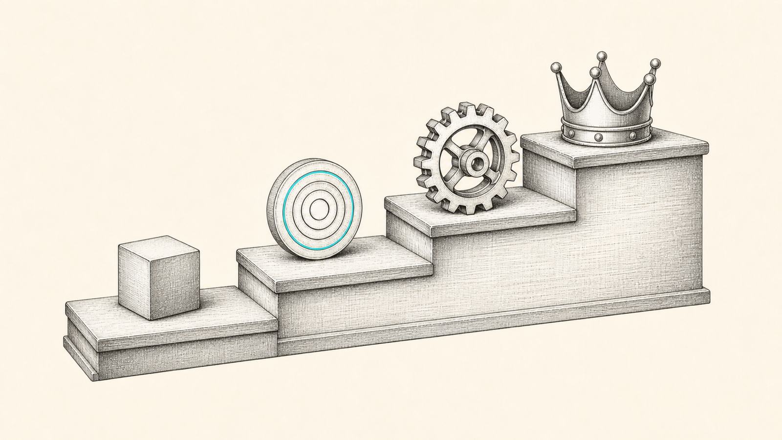 Quatre marches d'escalier dessinées à l'encre, chacune portant un objet symbole : un cube, une cible, un engrenage et une couronne
