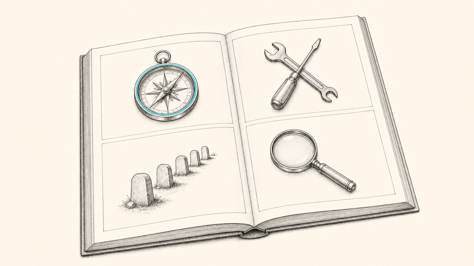 Un document de spécifications à l'encre, divisé en quatre cases contenant chacune un symbole dessiné : une boussole, des outils, des jalons et une loupe