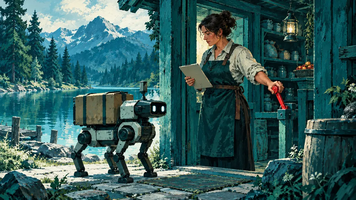 Une commerçante contrôle la demande d’un petit robot livreur à l’entrée de sa boutique, avec un levier d’autorisation rouge.